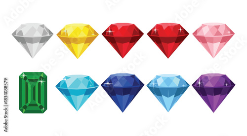 Collection of faceted gemstones in various colors on white background jewel diamond