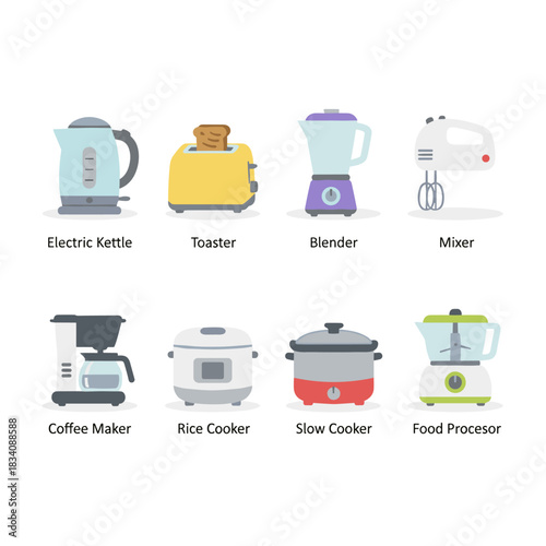 Kitchen appliances flat icons set