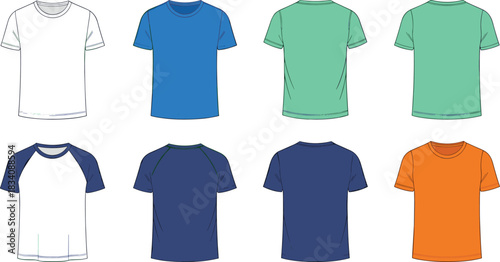 Collection of eight t-shirt flat sketches in various colors and styles t shirt apparel