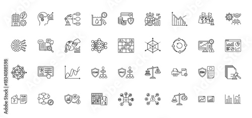Risk and finance management line icon set. Vector pictograms of compliance, governance, data analytics, and strategy, thin linear illustration.
