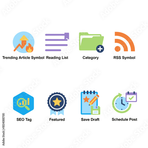 Content management and blogging platform flat icons set