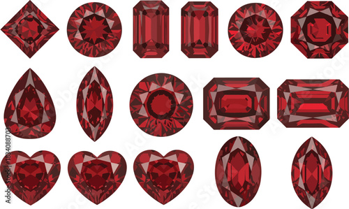 Collection of faceted red gemstones in various cuts on white background ruby