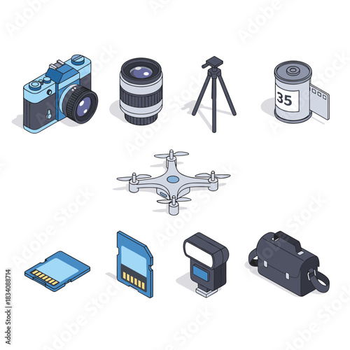 Photography tools isometric icons set