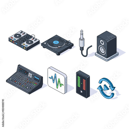 Audio and DJ equipment isometric icons set