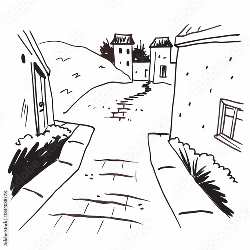 Quaint Village Street Scene HandDrawn Illustration.