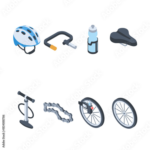 Bicycle accessories isometric icons set