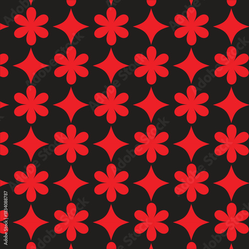 This image features a repeating geometric pattern of bright red flowers and diamond shapes against a black background. The shapes are evenly spaced, creating a visually striking and somewhat retro 