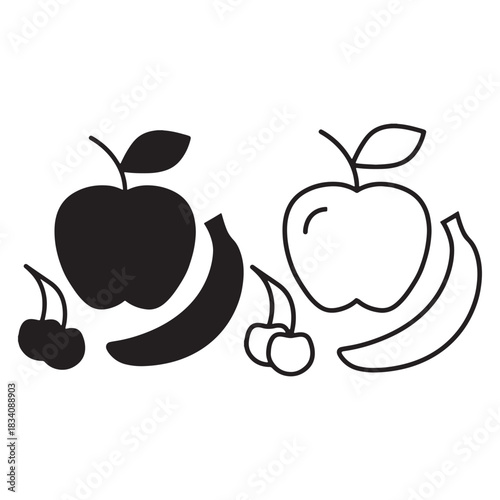 This image displays two sets of fruit illustrations side-by-side. The left set is a silhouette of an apple, two cherries, and a banana. The right set features the same fruits in an outline style, with
