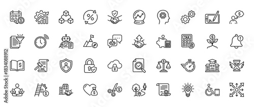 Business and finance line icon set. vector pictograms of calendar, growth chart, money, handshake, and mind technology, thin linear illustration.