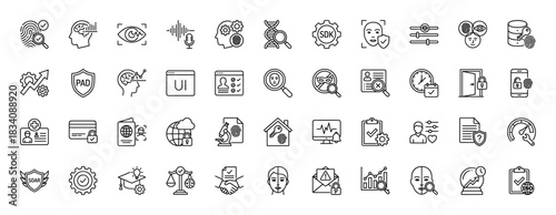 Biometrics and security line icon set. vector pictograms of face recognition, fingerprint scan, and dna, thin linear illustration.
