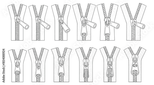 Collection of twelve zipper illustrations in various open and closed states fastener