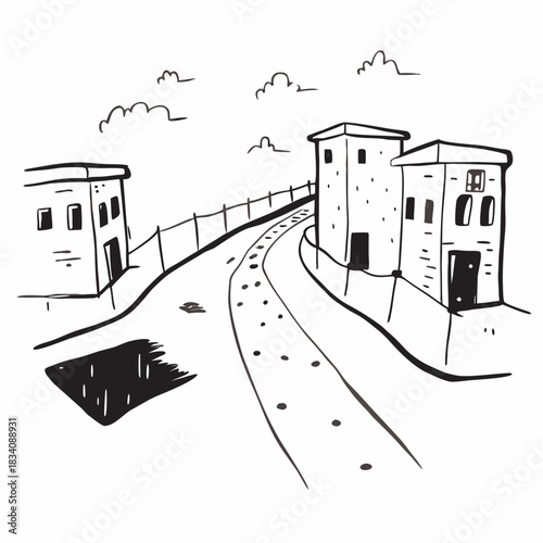 Sketch of a fortified wall with towers and a road.