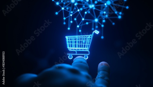 Hand with finger touching glowing shopping cart icon and digital network image photo