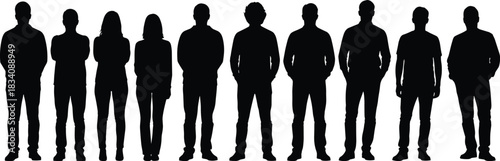 Diverse group of ten black human silhouettes standing in a row on white background
