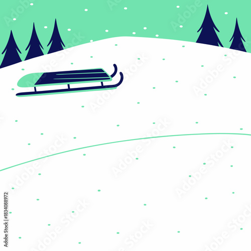 Sled on a Snowy Hill with Evergreen Trees.