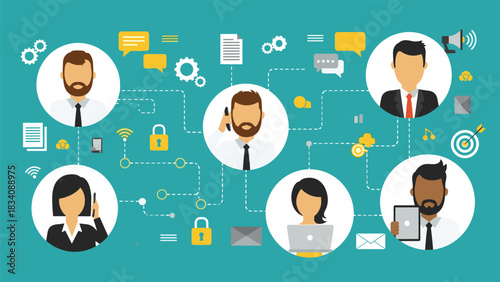 Diverse people connected by digital communication and business icons connection network