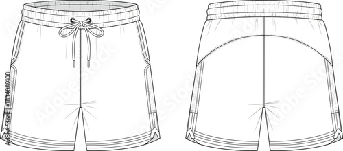 Front and back view fashion illustration of athletic shorts with drawstring sports shorts
