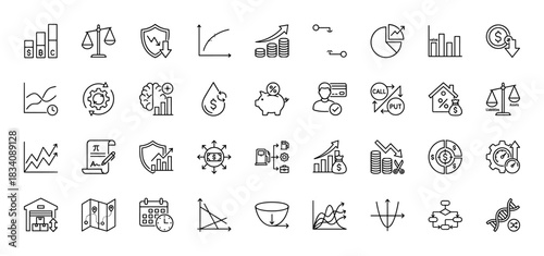 Business and finance line icon set. Vector pictograms of charts, graphs, money, piggy bank, scales, investment and analysis symbols, thin linear illustration.