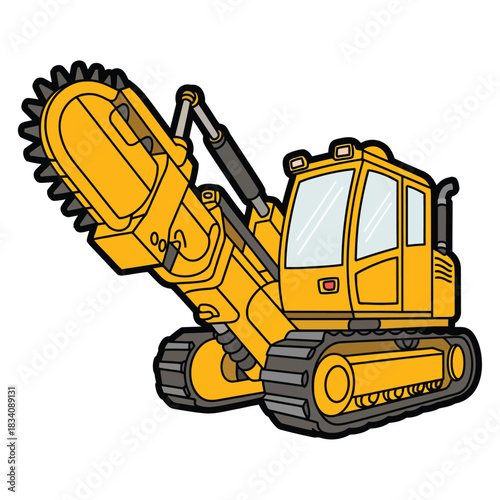 A trenching machine with rotating blade, cartoon look, transparent background