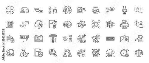 Artificial intelligence line icon set. Vector pictograms of machine learning, chatbot, neural network, translation, voice recognition, data mining, thin linear illustration.