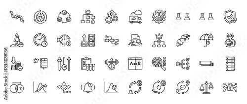 Business and technology line icon set. Vector pictograms of server, data, analytics, growth, and security, thin linear illustration.