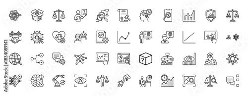 Artificial intelligence and data analysis line icon set. Vector pictograms of machine learning, security, finance, and technology concepts, thin linear illustration.