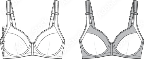 Line art and shaded technical drawing of a white and gray bra lingerie undergarment