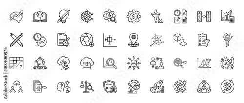 Data science and analytics line icon set. Vector pictograms of machine learning, business intelligence, brainstorming, and research, thin linear illustration.