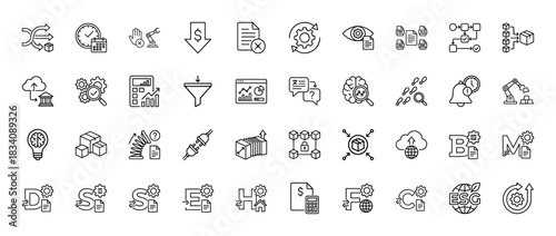 Business and technology line icon set. Vector pictograms of automation, data analysis, blockchain, and financial process, thin linear illustration.