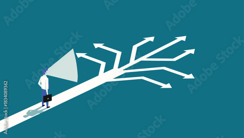 Man in suit holding briefcase looks at branching white arrows on teal background