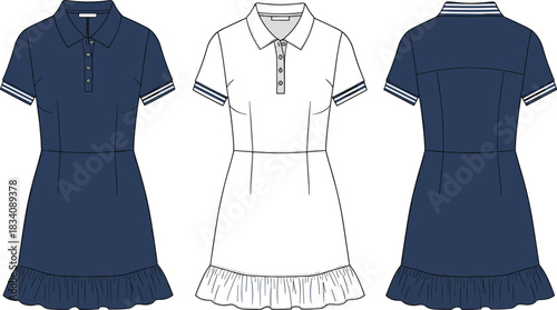 Navy blue and white polo dresses front back and flat technical sketches vector