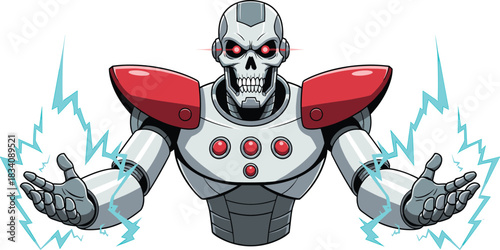 Robotic skull warrior with red eyes and blue lightning emanating from hands cyborg