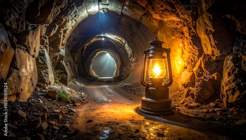 A lantern shines in a wet cave passage, illuminating the path ahead through the rocky tunnel