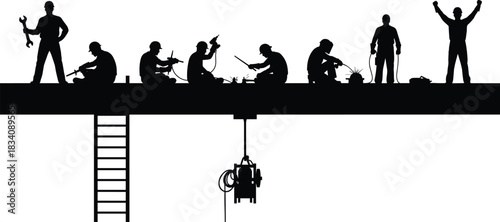 Silhouettes of construction workers performing various tasks on a beam with a ladder and welding equipment