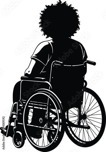 Silhouette of person with curly hair in a wheelchair seen from behind afro
