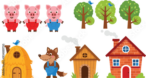 Three cartoon pigs in overalls standing near trees and houses with a wolf and birds