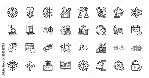 Business and technology line icon set. Vector pictograms of finance, artificial intelligence, time management, strategy, and planning, thin linear illustration.