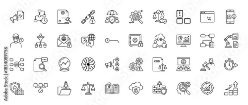 Data, security, and technology line icon set. Vector pictograms of blockchain, safe, shield, brain, and analysis, thin linear illustration.