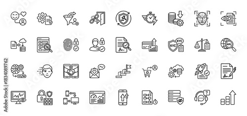 Data security and finance outline icon set. Vector pictograms of kyc, aml, personal data, and blockchain, thin linear illustration.