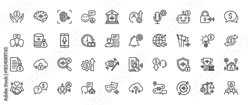 Voice and digital security icon set. Vector pictograms of fingerprint, brain, speech, money, and lock, thin linear illustration.