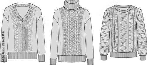 Three grey cable knit sweaters with different necklines and patterns knitwear v-neck