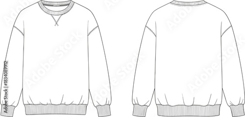 White crewneck sweatshirt front and back flat sketch with ribbed cuffs and hem front view