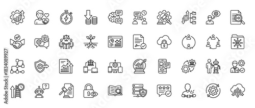 Business and technology line icon set. Vector pictograms of settings, data analysis, security, agreement, and management, thin linear illustration.