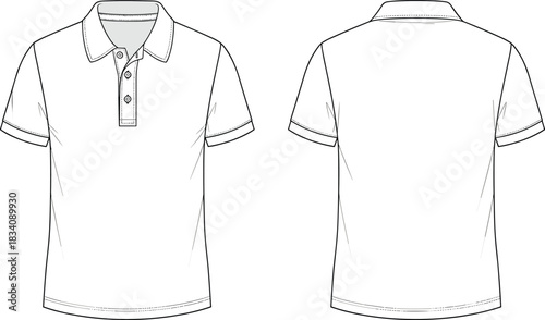 White polo shirt front and back flat sketch with buttons t-shirt short sleeve