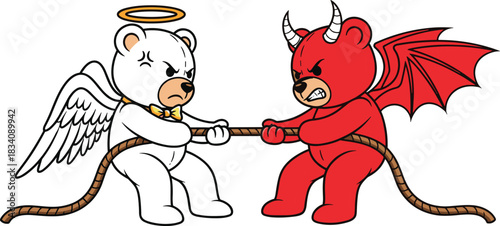 White angel bear and red devil bear tugging rope with angry expressions tug of war