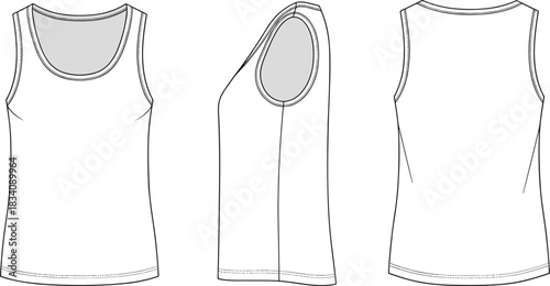 White tank top front side and back views flat fashion sketch clothing apparel