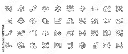 Blockchain, cryptocurrency, and security line icon set. Vector pictograms of decentralized network, encryption, smart contract, thin linear illustration.