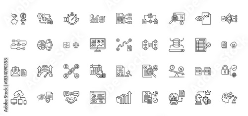Business process and administration line icon set. Vector pictograms of data analysis, finance, security, and strategy, thin linear illustration.