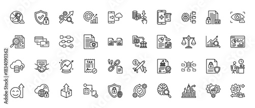 Business and finance line icon set. vector pictograms of data analysis, security, contract, and document management, thin linear illustration.