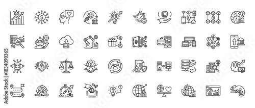 Business and finance line icon set. Vector pictograms of growth chart, money, automation, data, and security, thin linear illustration.